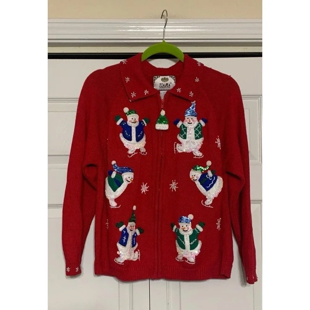 Vintage Tiara International Red Christmas Snowman Zip Up‎ Cardigan Sweater Sz L